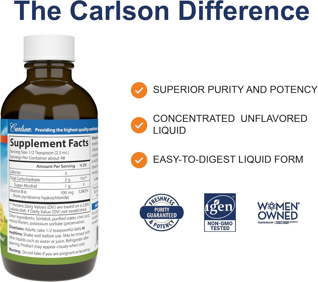 Carlson - B-6 Líquido, Vitamina B-6, Producción de Energía, Salud Cardíaca, Sabor a Limonada de Bayas, 120 mL