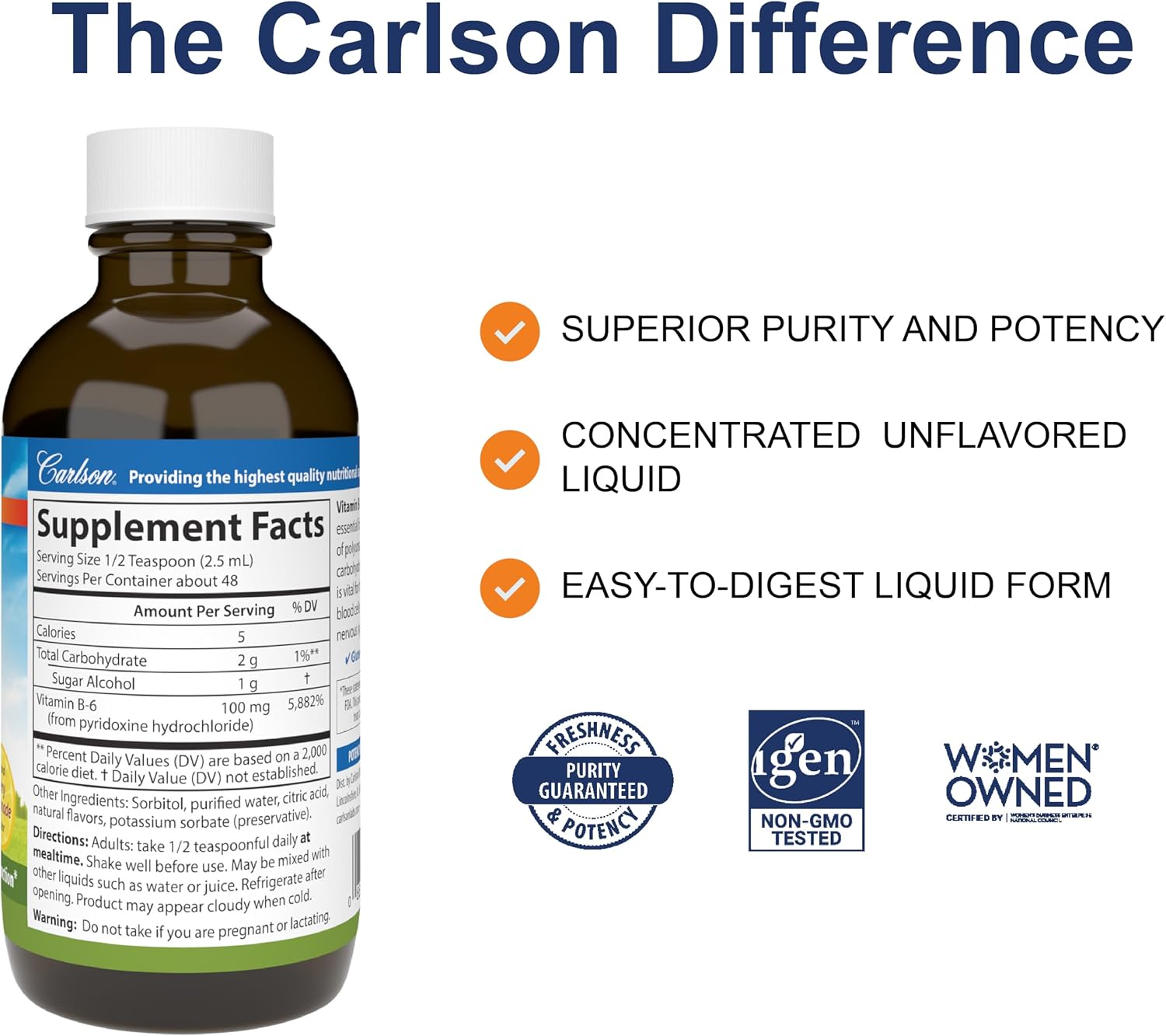 Carlson - B-6 Líquido, Vitamina B-6, Producción de Energía, Salud Cardíaca, Sabor a Limonada de Bayas, 120 mL