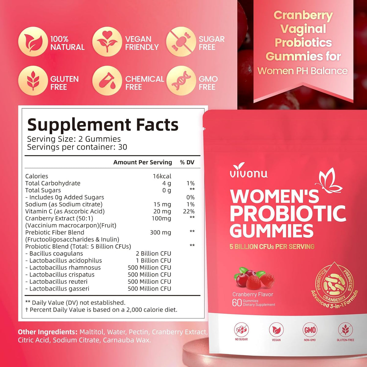 VivoNu Probióticos Femeninos en Gominolas - Equilibrio Vaginal y Digestivo - 60 Gominolas de Arándano Rojo – Image 7