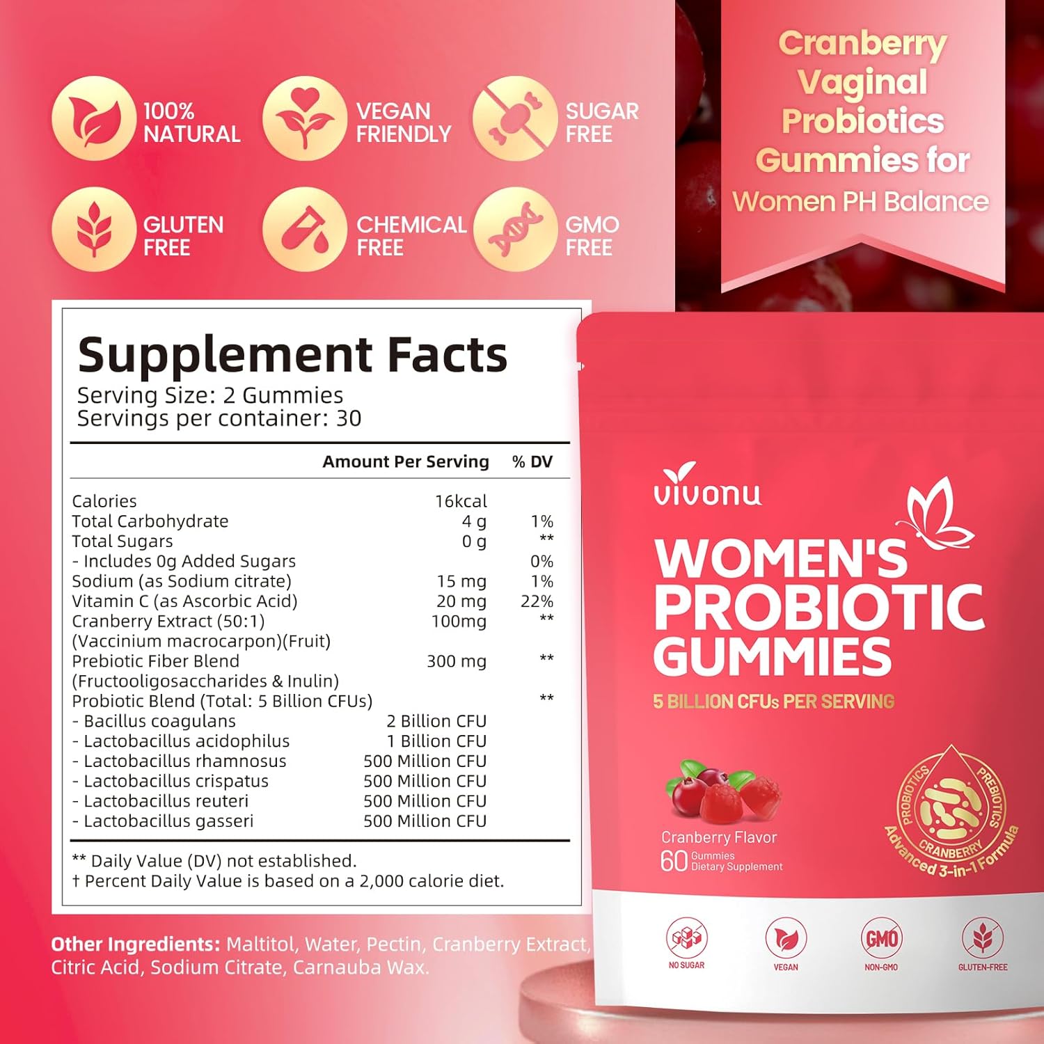 VivoNu Probióticos Femeninos en Gominolas - Equilibrio Vaginal y Digestivo - 60 Gominolas de Arándano Rojo