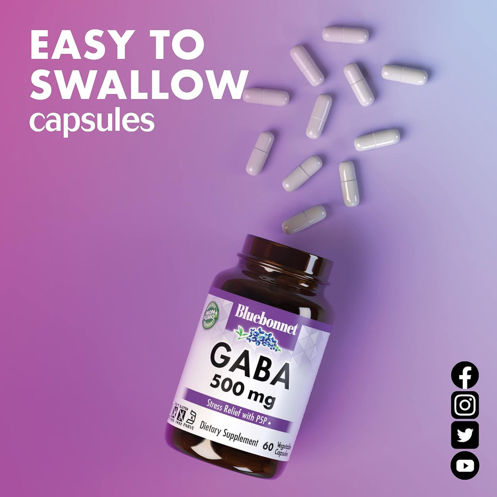 BlueBonnet Nutrition GABA 500mg con Vitamina B6 (P5P) - 60 Cápsulas Vegetales