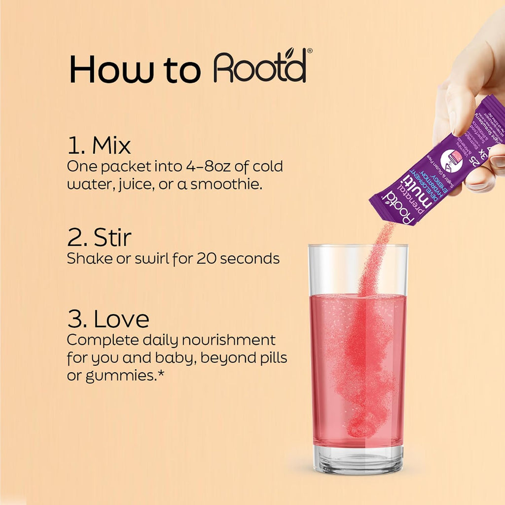 Root'd Vitaminas Prenatales en Polvo - 25 Vitaminas y Minerales con Electrolitos, Folato, Hierro, D3, Superalimentos y Probióticos - 30 Sobres