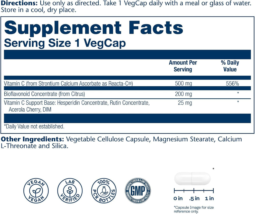 Solaray Reacta-C Vitamina C 500 mg - 60 Cápsulas Veganas de Liberación Prolongada