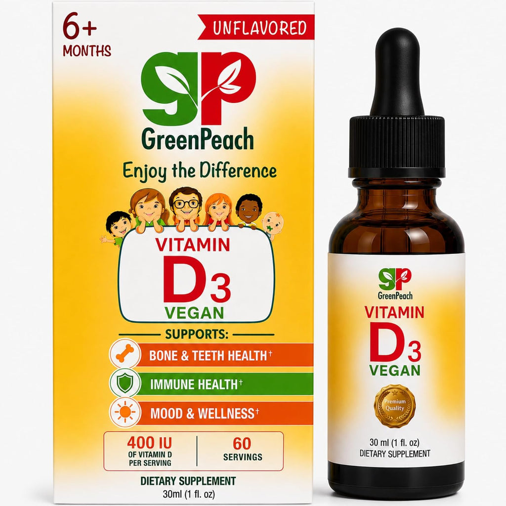 GreenPeach Vitamina D3 Líquida Vegana - Gotas de 400 a 2000 UI para Bebés y Niños