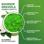 Gominolas Orgánicas de Soursop Graviola - 2200mg Extracto de Hojas de Soursop con Musgo Marino, Zinc y Vitamina C - 60 Gominolas