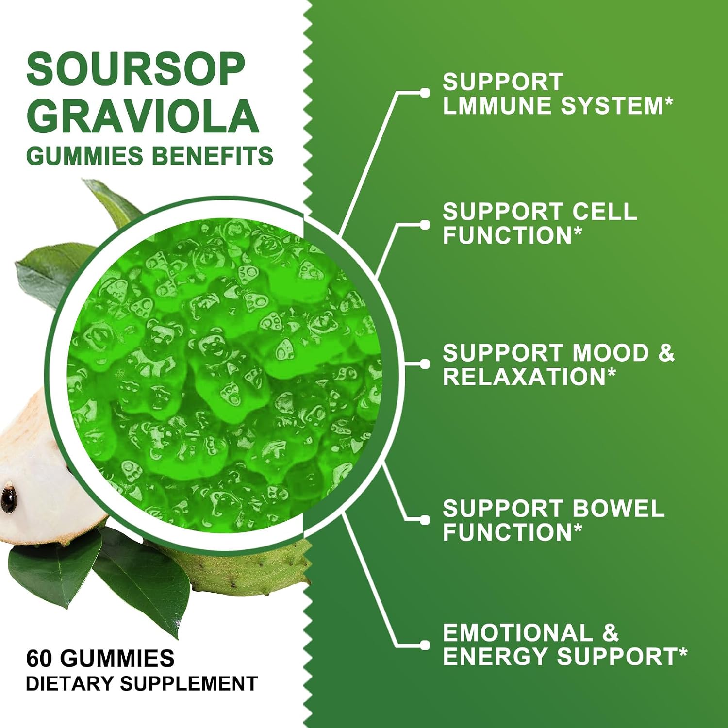 Gominolas Orgánicas de Soursop Graviola - 2200mg Extracto de Hojas de Soursop con Musgo Marino, Zinc y Vitamina C - 60 Gominolas