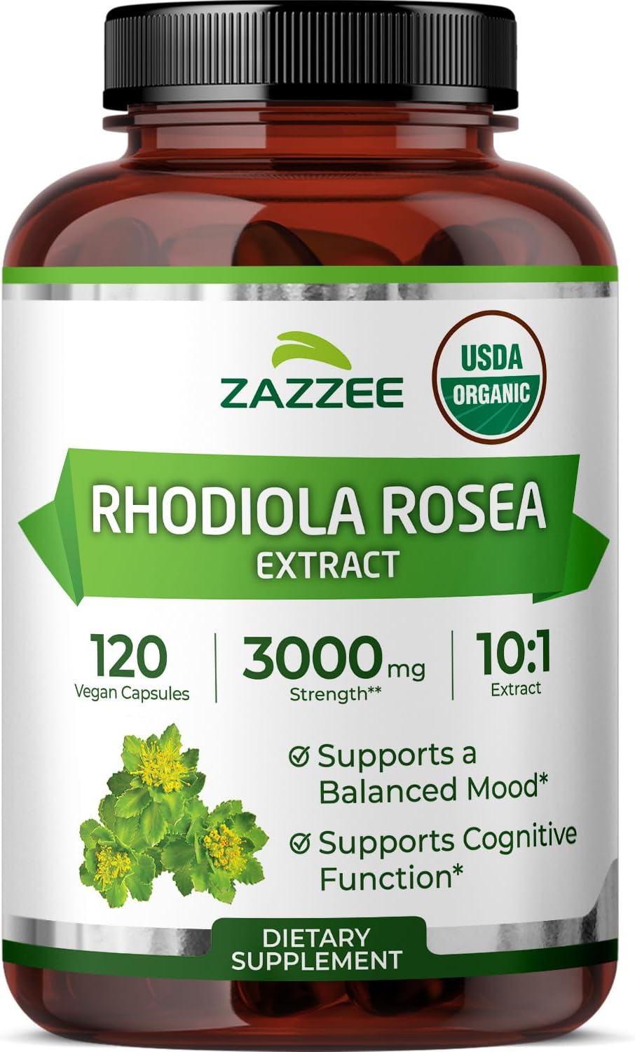 Zazzee Rhodiola Rosea Orgánica Extracto 10:1 – 120 Cápsulas (4 Meses)
