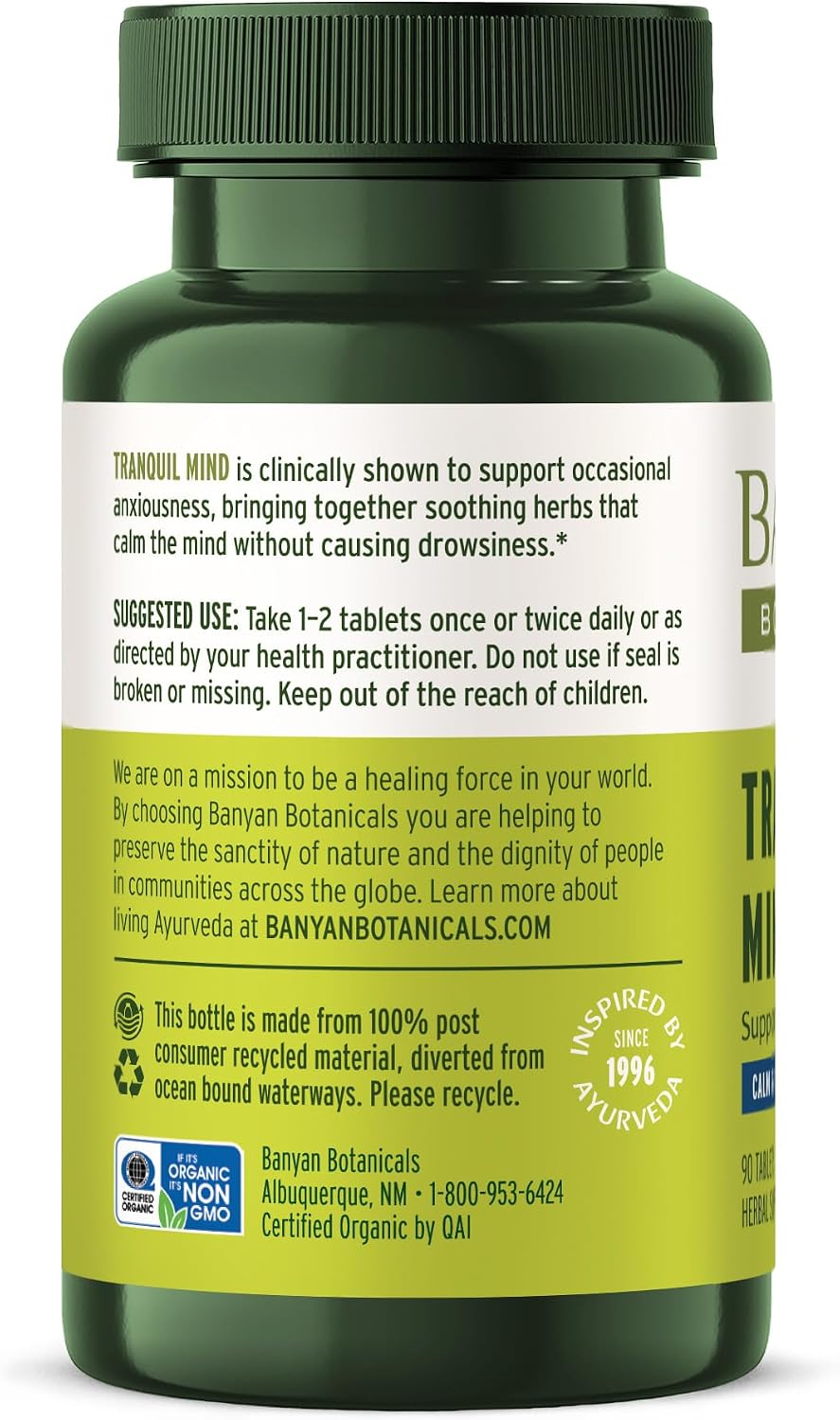 Banyan Botanicals Organic Tranquil Mind – 90 Comprimidos – Suplemento para el Sistema Nervioso y Relajación Física
