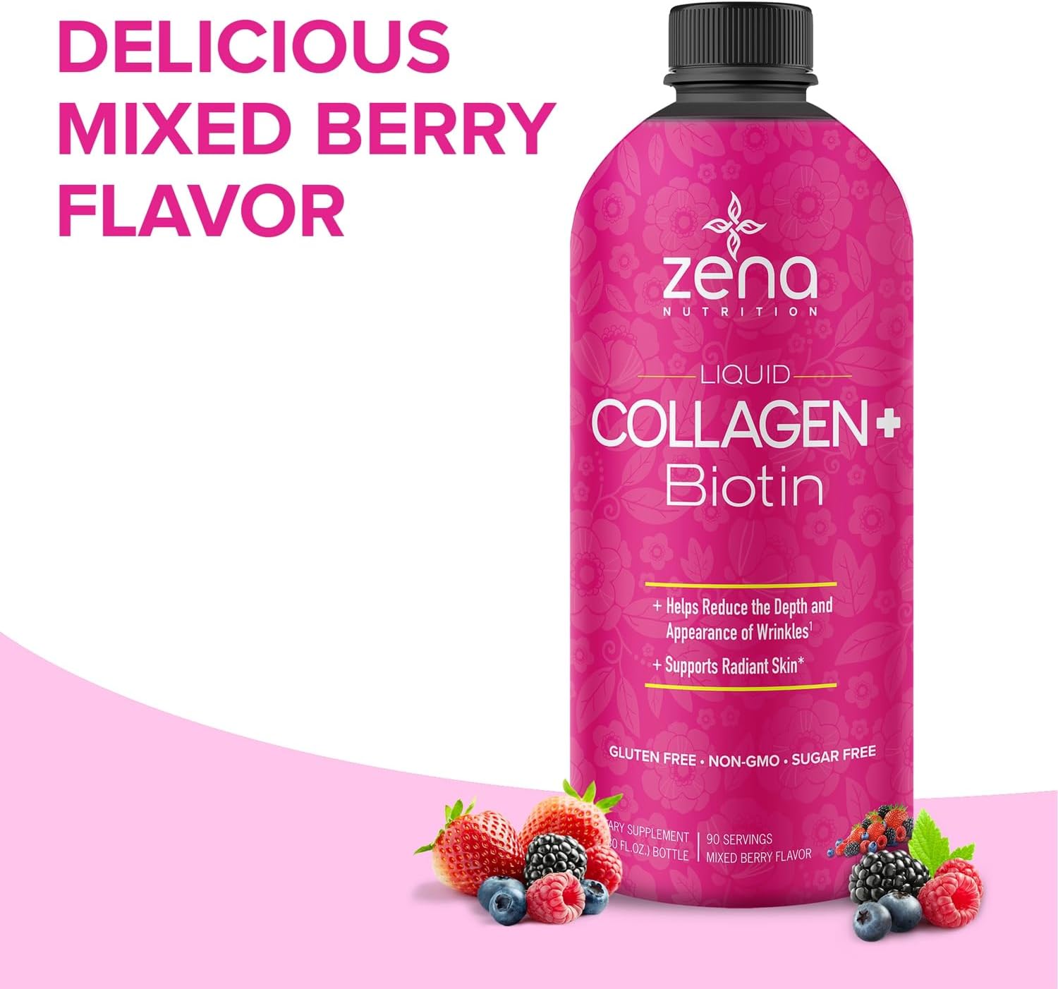 Zena Liquid Collagen + Biotin: 2500mg Colágeno, 5000mcg Biotina, Fórmula Verisol | Apoyo Cabello, Piel, Uñas y Articulaciones | No Transgénico, Sabor Bayas Mixtas | 90 Porciones