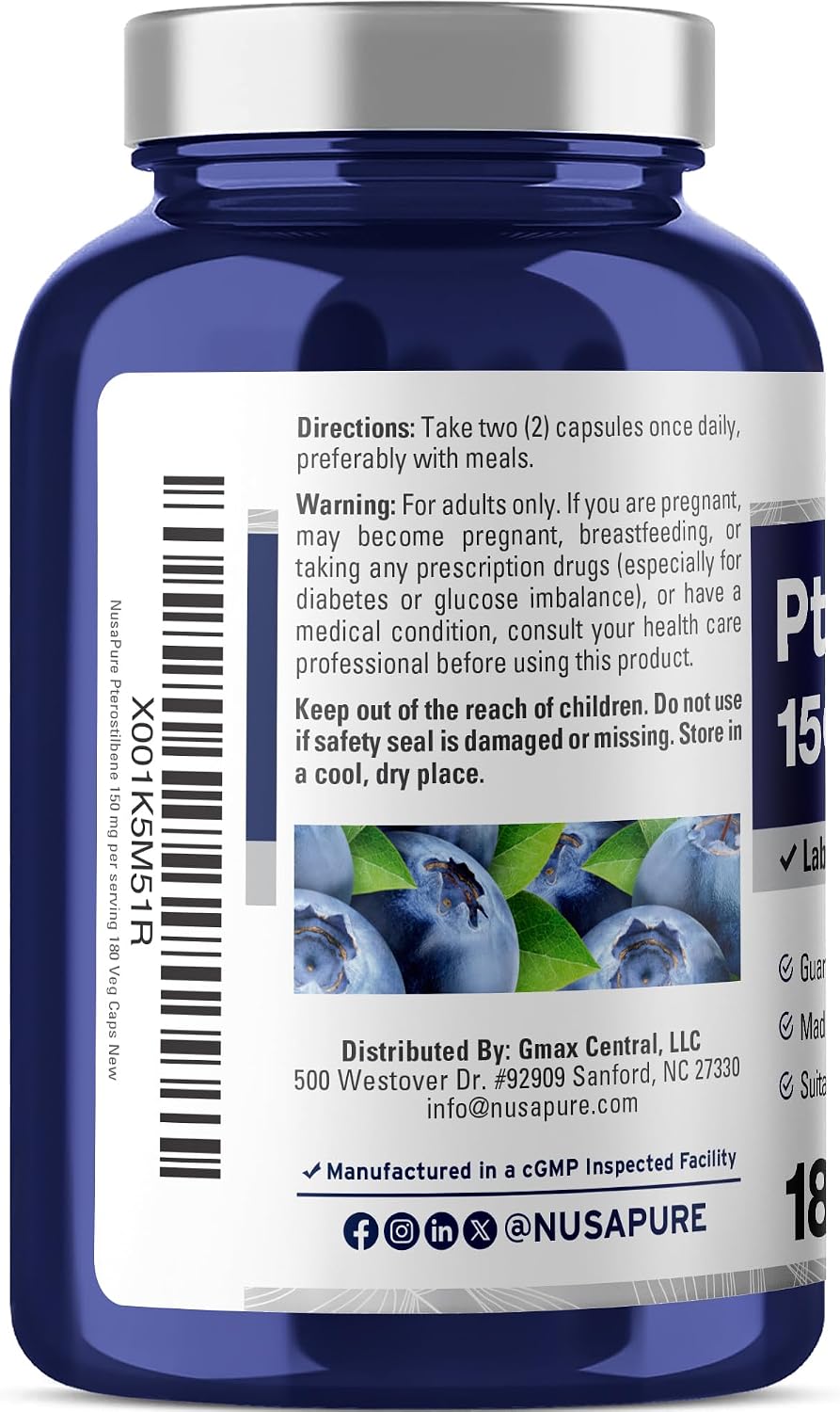 NusaPure Pterostilbene 150mg 180 Cápsulas Vegetales (No-GMO, Vegano)