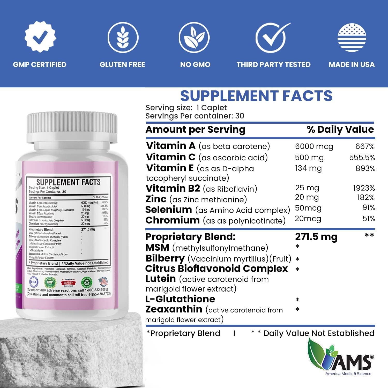 America Medic & Science EyeCaps (30 comprimidos) - Suplemento para la visión con luteína, zinc y vitaminas