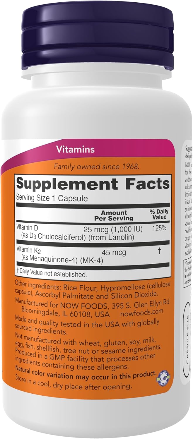 NOW Foods Vitamina D-3 y K-2, 120 Cápsulas Veganas