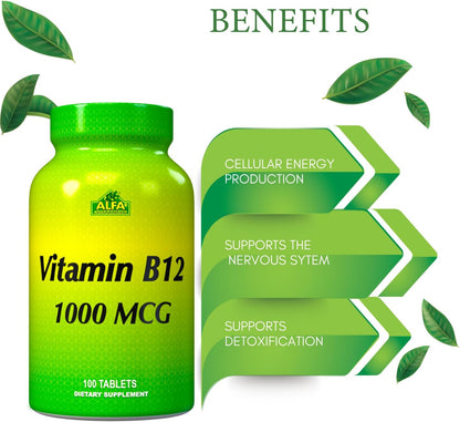 ALFA VITAMINS Vitamina B12 1000 mcg - 100 – Funcionamiento normal del sistema nervioso: Mantiene la vaina de – Image 3
