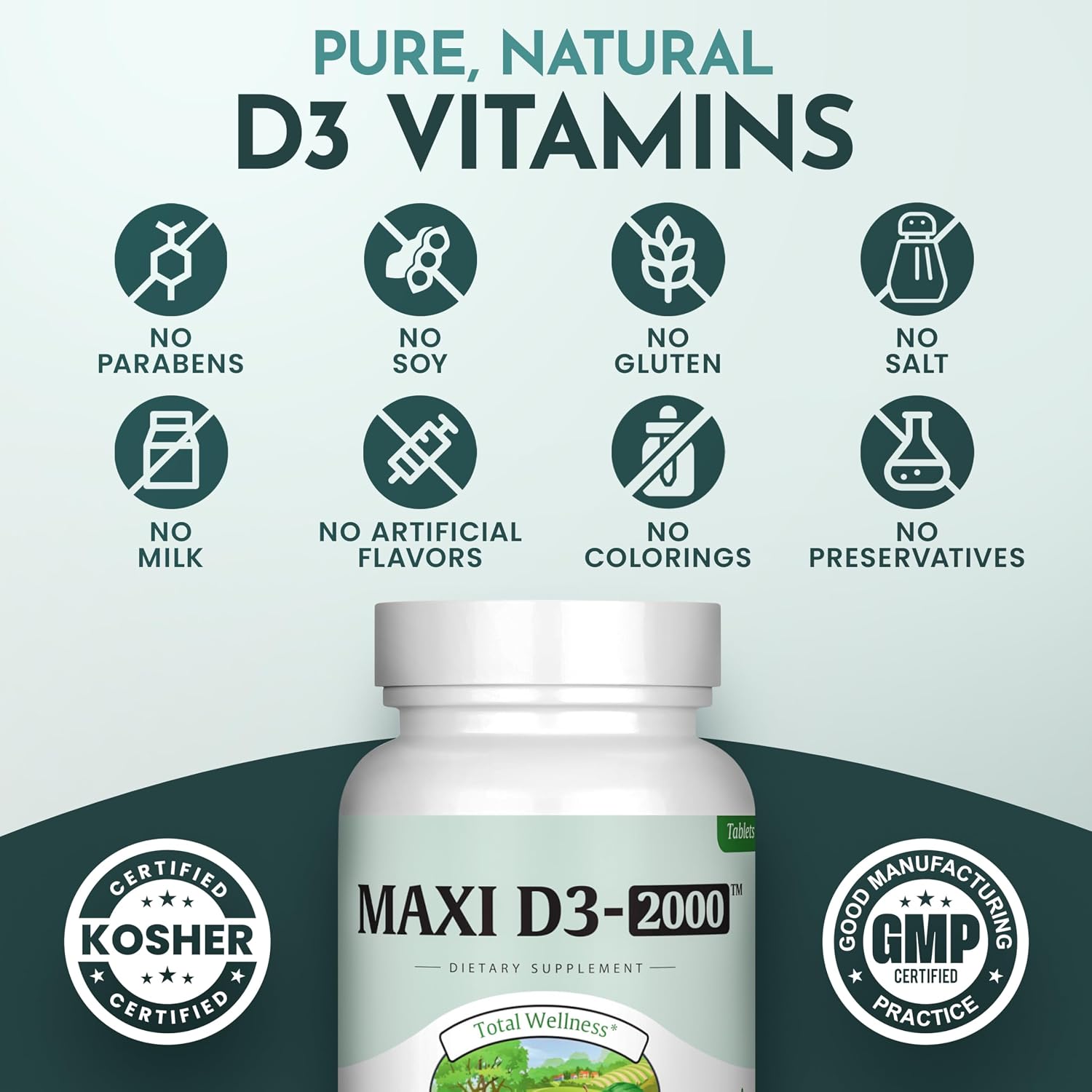 Maxi Health Vitamina D3 2000 UI Comprimidos – Apoyo Inmunitario, Salud Ósea y Función Muscular – Suplemento de Vitamina D 2000 UI para Adultos – Kosher, Fáciles de Tragar, 90 Comprimidos