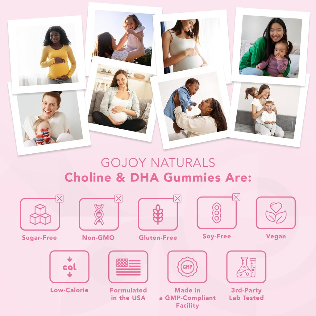 GOJOY NATURALS Gominolas prenatales con colina y DHA - Para preconcepción, embarazo y posparto - Colina bitartrato 250mg + DHA 150mg - Vegano, sin azúcar, no GMO