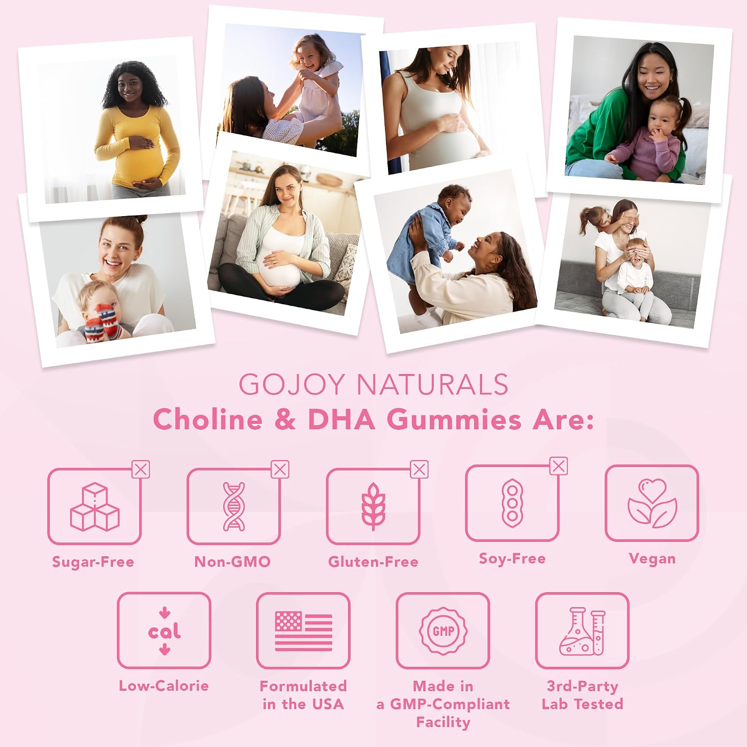 GOJOY NATURALS Gominolas prenatales con colina y DHA - Para preconcepción, embarazo y posparto - Colina bitartrato 250mg + DHA 150mg - Vegano, sin azúcar, no GMO