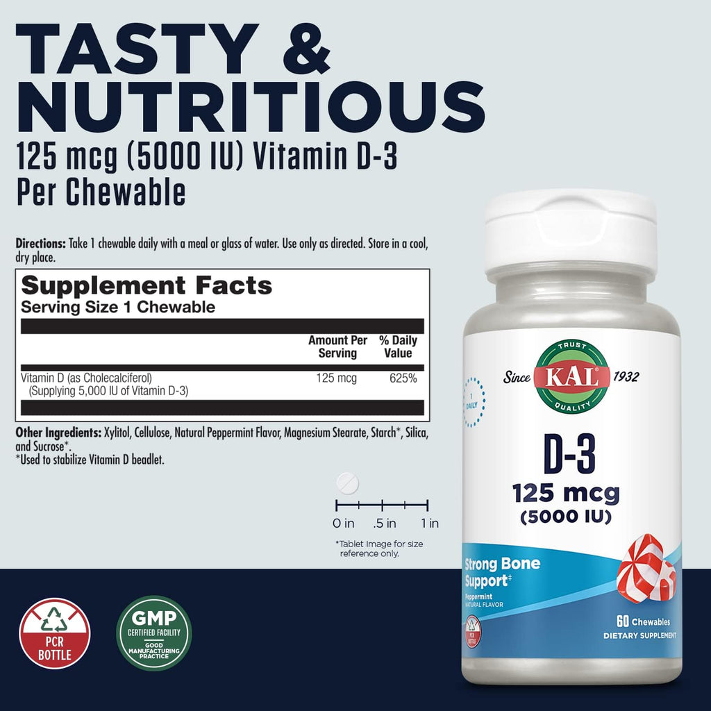 KAL Vitamina D3 Masticable 5000 UI (125 mcg) 60 Comprimidos