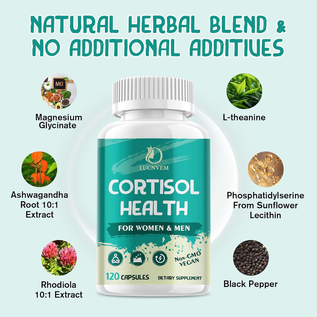Suplemento de Cortisol para Mujeres y Hombres | 60 Días | Ashwagandha, Rhodiola, Magnesio | Vegano