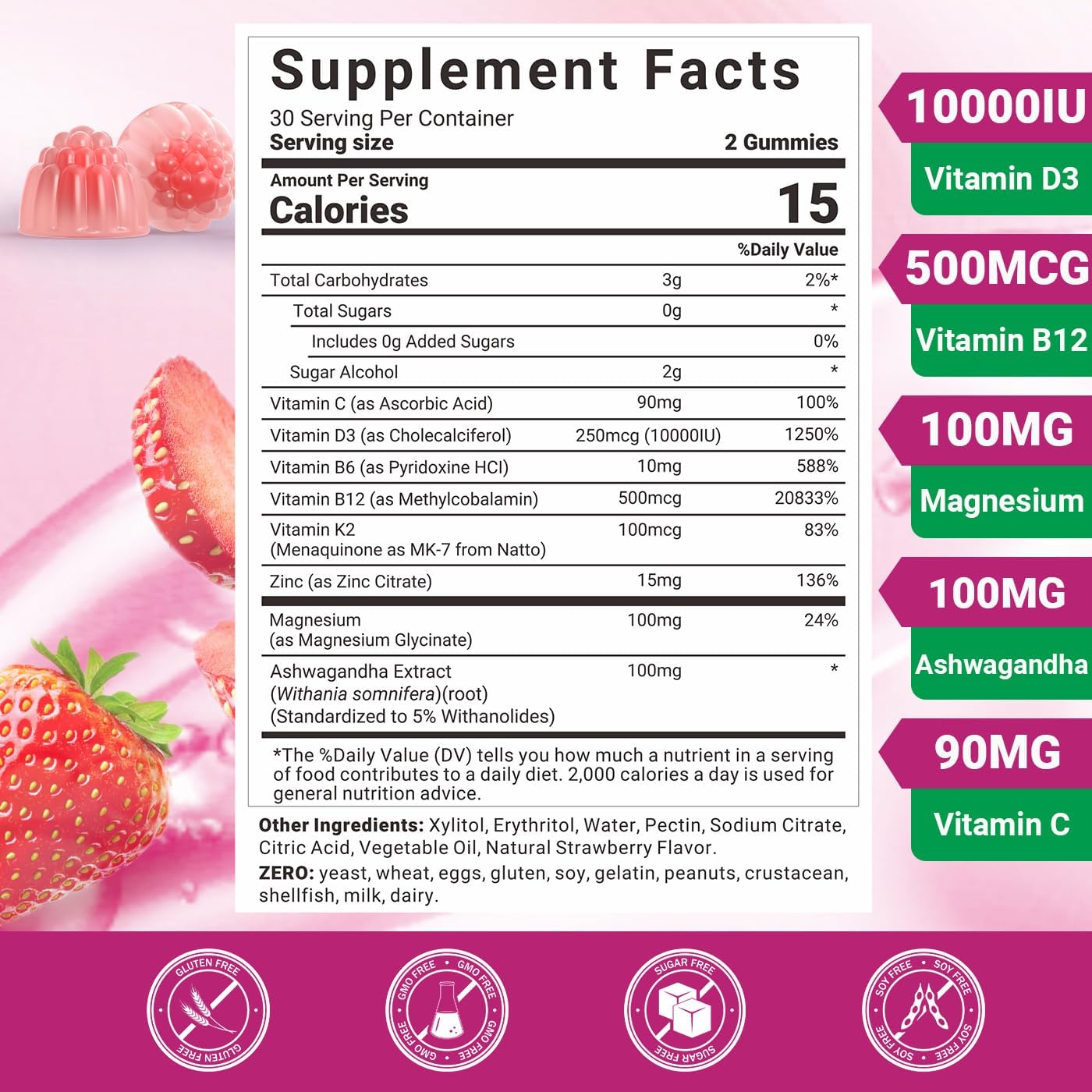 Wiszeen Vitamina D3 B12 Gominolas, 10000 IU D3 + 500mcg Metil-B12, con Ashwagandha, Magnesio, Vitamina K2