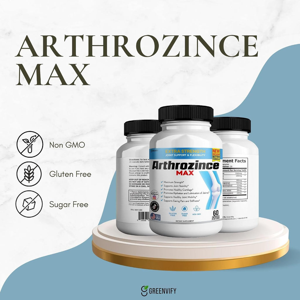 GREENVIFY Arthrozince Max Extra Strength Apoyo Articular, Complejo de Glucosamina y Condroitina para la Movilidad, 60 Cápsulas