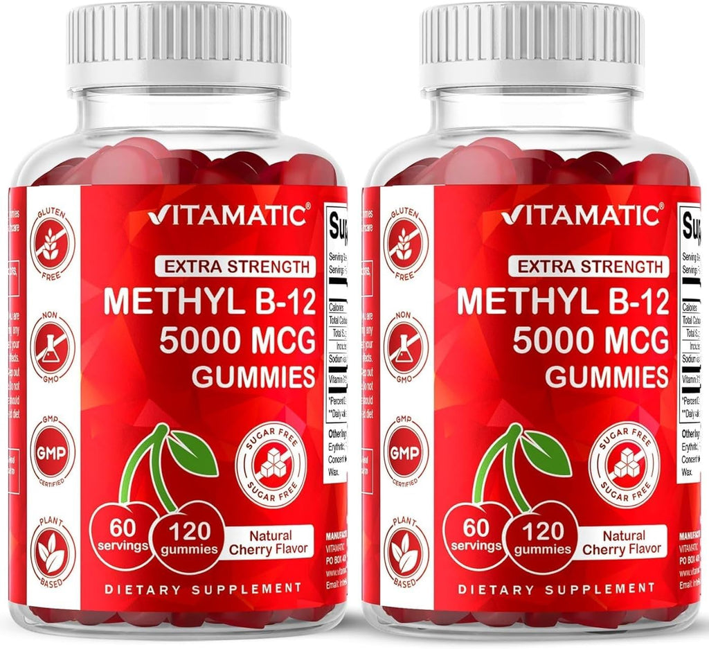 Vitamatic Vitamina B12 5000 mcg (Metilcobalamina) Gominolas - 120 unidades - Apoyo al Metabolismo Energético y Salud del Sistema Nervioso, Sabor Natural a Cereza
