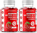 Vitamatic Vitamina B12 5000 mcg (Metilcobalamina) Gominolas - 120 unidades - Apoyo al Metabolismo Energético y Salud del Sistema Nervioso, Sabor Natural a Cereza