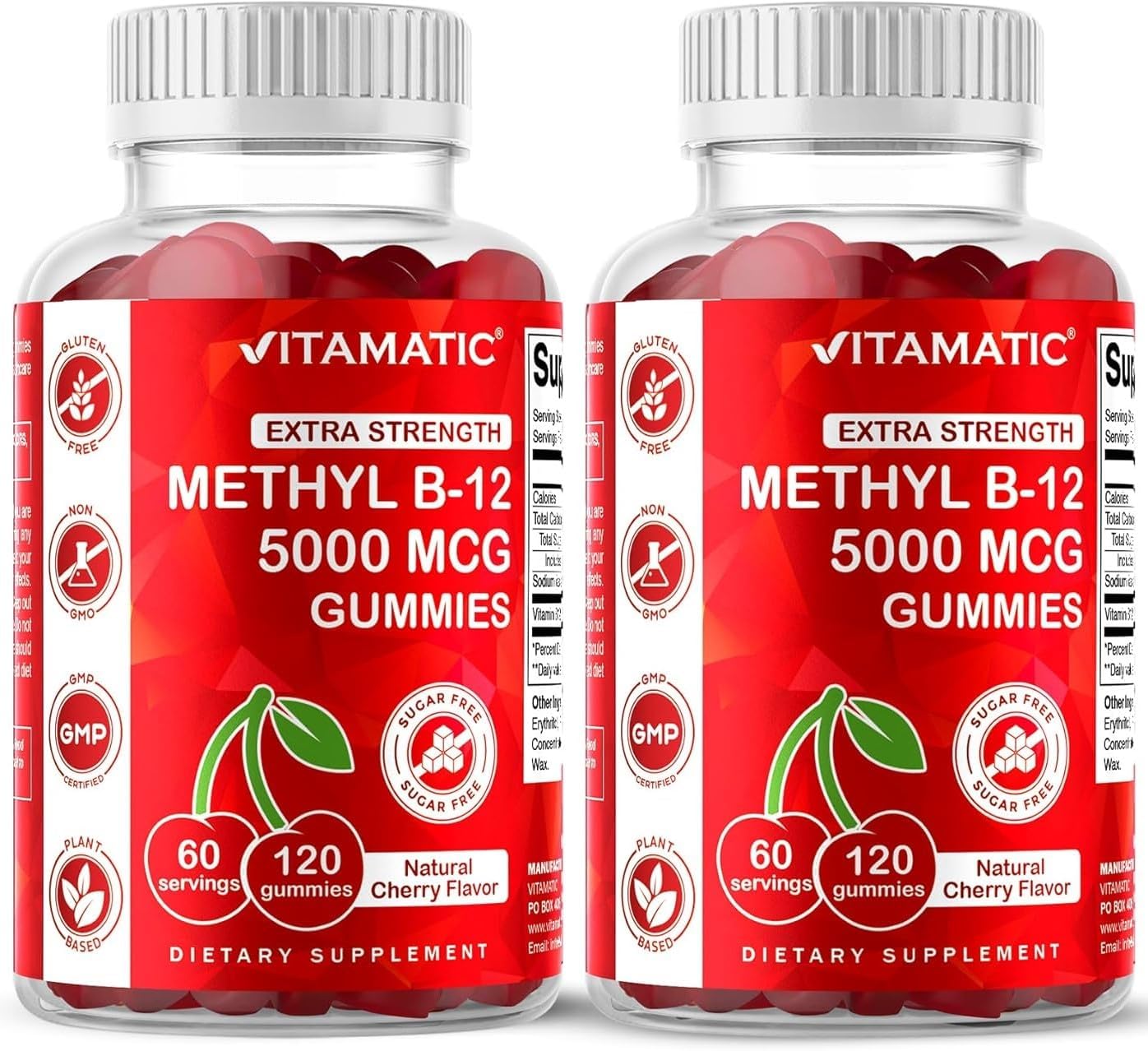 Vitamatic Vitamina B12 5000 mcg (Metilcobalamina) Gominolas - 120 unidades - Apoyo al Metabolismo Energético y Salud del Sistema Nervioso, Sabor Natural a Cereza