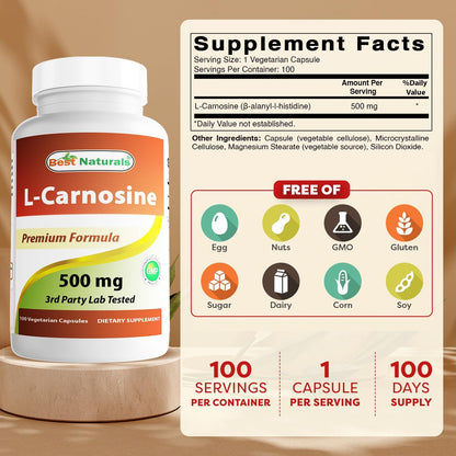 Best Naturals L-Carnosine 500 mg 100 Vcaps – No-GMO y sin gluten: Ideal para personas con sensibilidades – Image 2