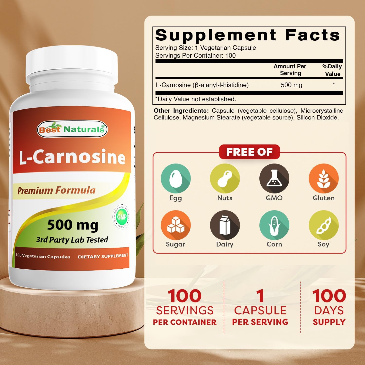 L-Carnosina 500 mg 100 Cápsulas Veganas – Pack de 3