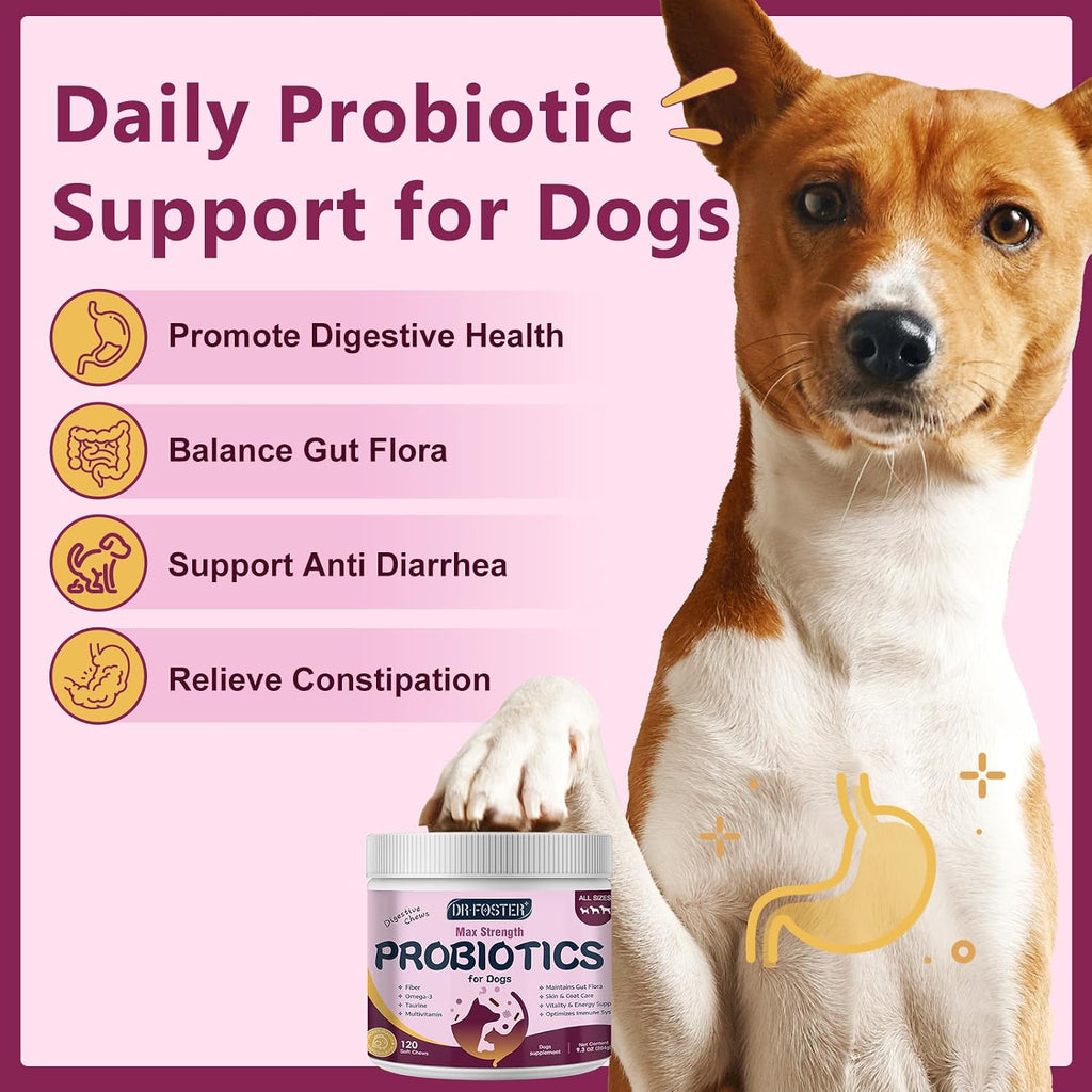 Probióticos para Perros con 6 Mil Millones UFC, Prebióticos y Enzimas Digestivas, Calabaza y Omega-3, 120 Masticables Suaves