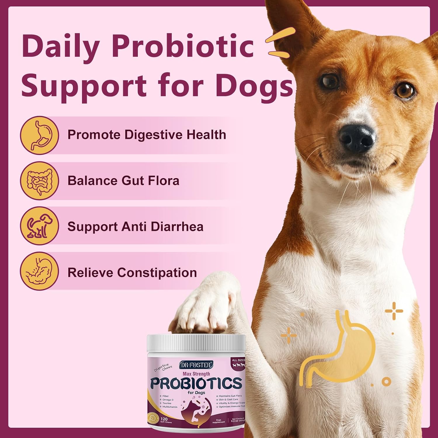 Probióticos para Perros con 6 Mil Millones UFC, Prebióticos y Enzimas Digestivas, Calabaza y Omega-3, 120 Masticables Suaves