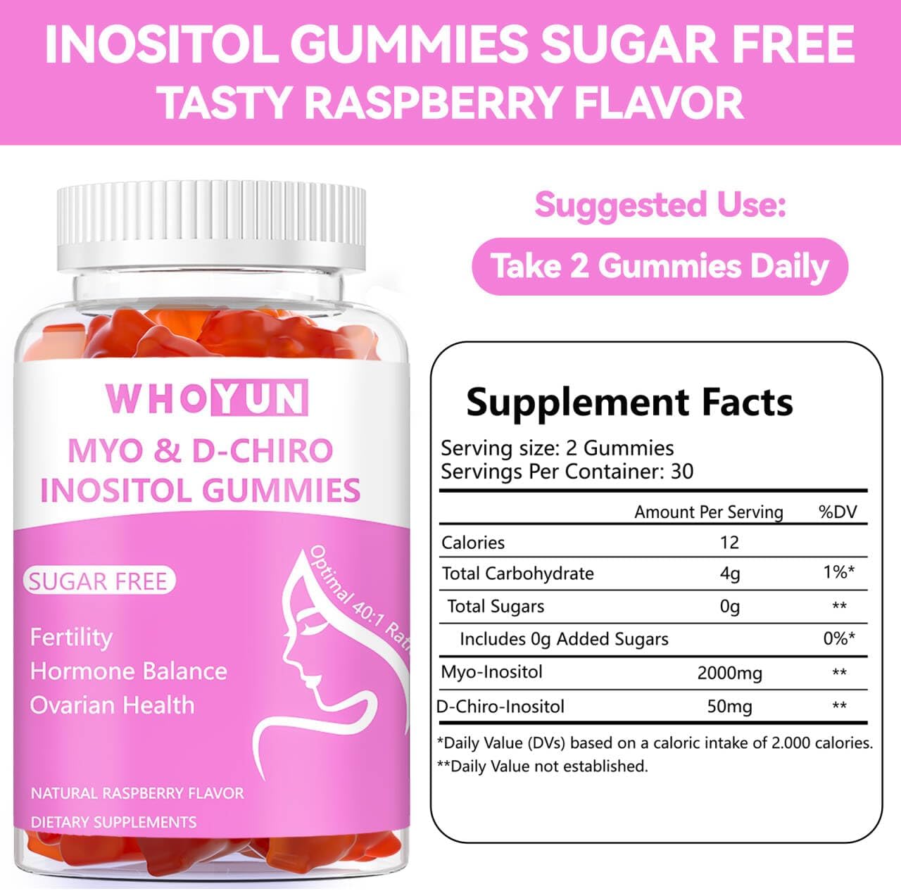 Inositol Gummies Sugar Free, Myo-Inositol & D-Chiro Inositol 40:1 Ratio, 60 Count