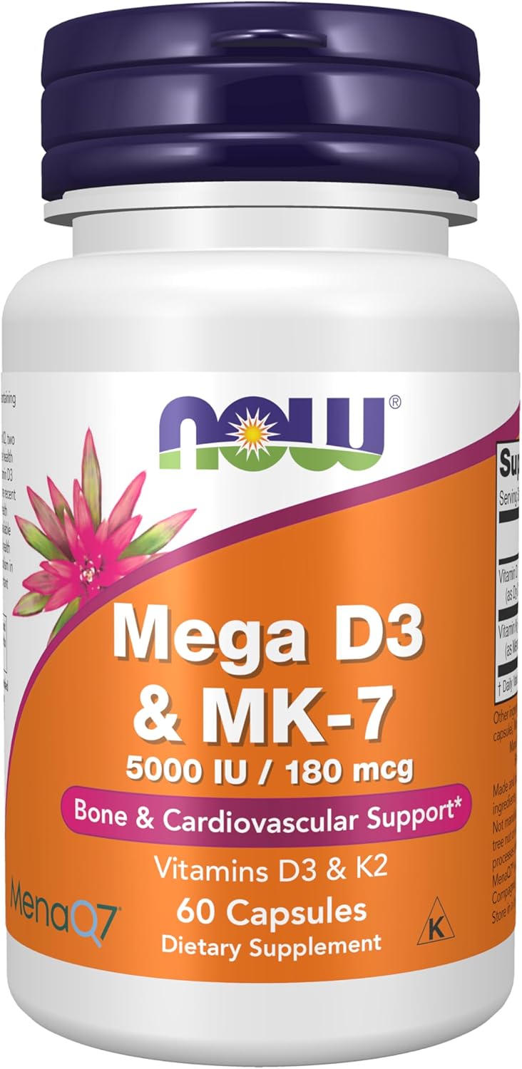 Mega D-3 & MK-7 con Vitaminas D-3 y K-2, 5.000 UI/180 mcg, 60 Cápsulas Veganas