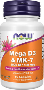 Mega D-3 & MK-7 con Vitaminas D-3 y K-2, 5.000 UI/180 mcg, 60 Cápsulas Veganas