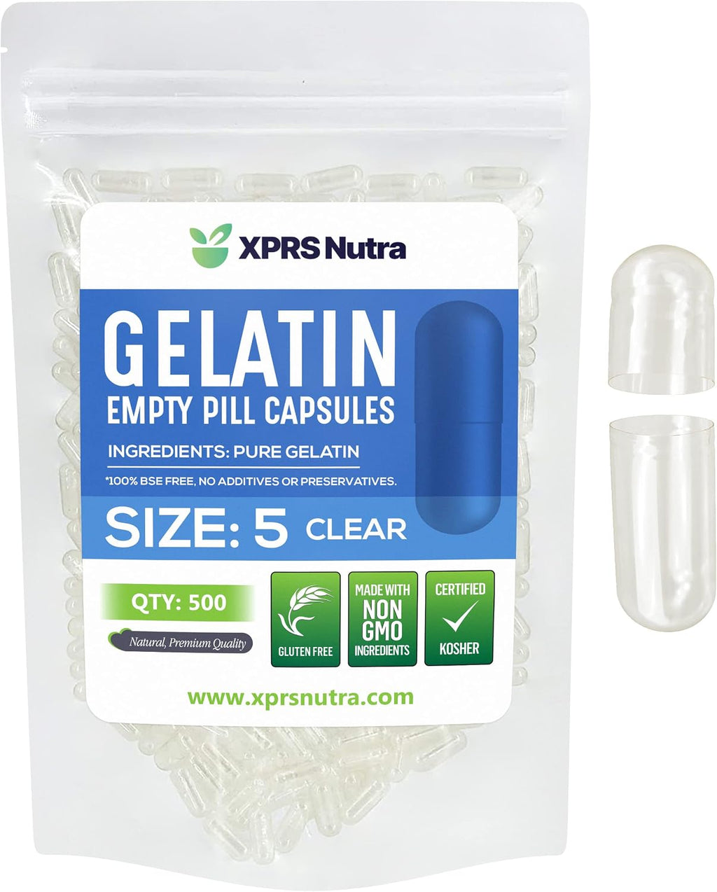 XPRS Nutra Cápsulas Vacías Tamaño 5 - 5000 uds - Cápsulas de Gelatina Transparentes para Rellenar