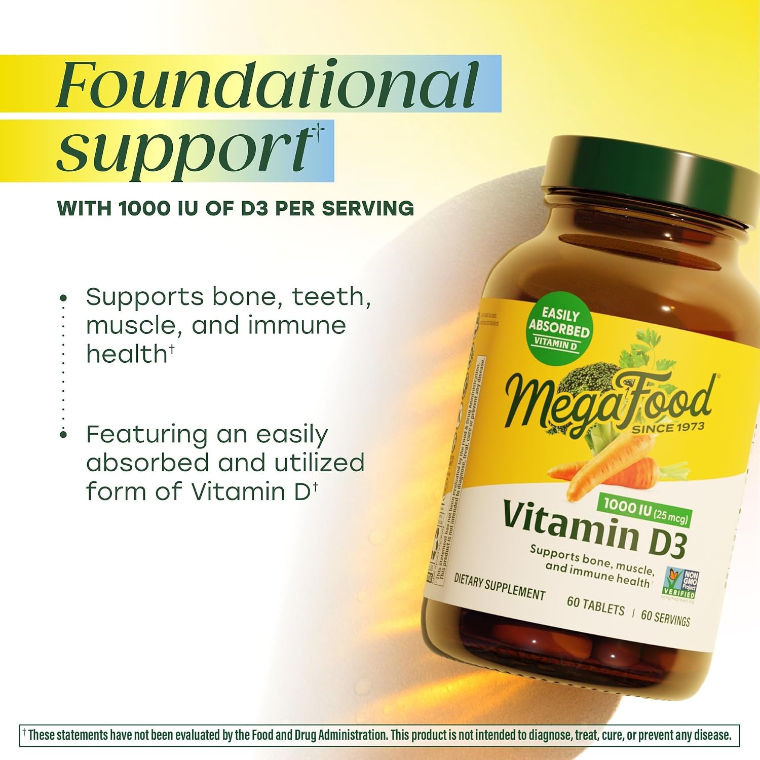 MegaFood Vitamina D3 1000 UI (25 mcg) - Suplemento de Vitamina D con Alimentos Reales, Apoya Huesos, Dientes y Músculos, Vegetariano, Sin Gluten, No Transgénico, Kosher – 60 Comprimidos