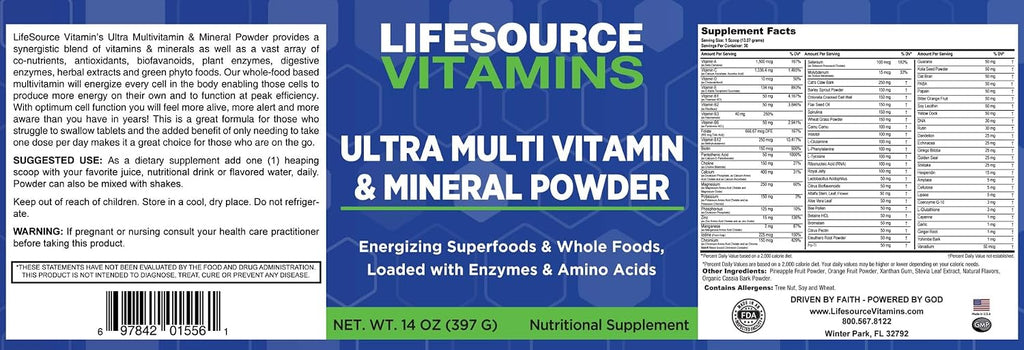 LifeSource Vitamins Ultra Multi Vitamin & Mineral Powder - Whole Food Base - 30 Day Supply