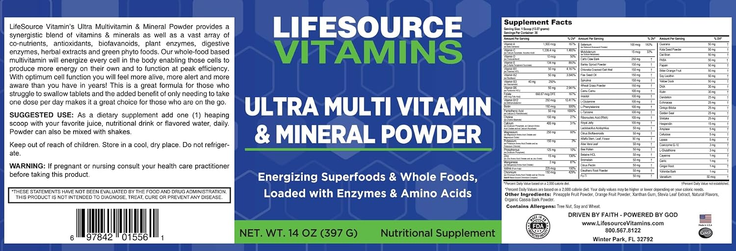 LifeSource Vitamins Ultra Multi Vitamin & Mineral Powder - Whole Food Base - 30 Day Supply