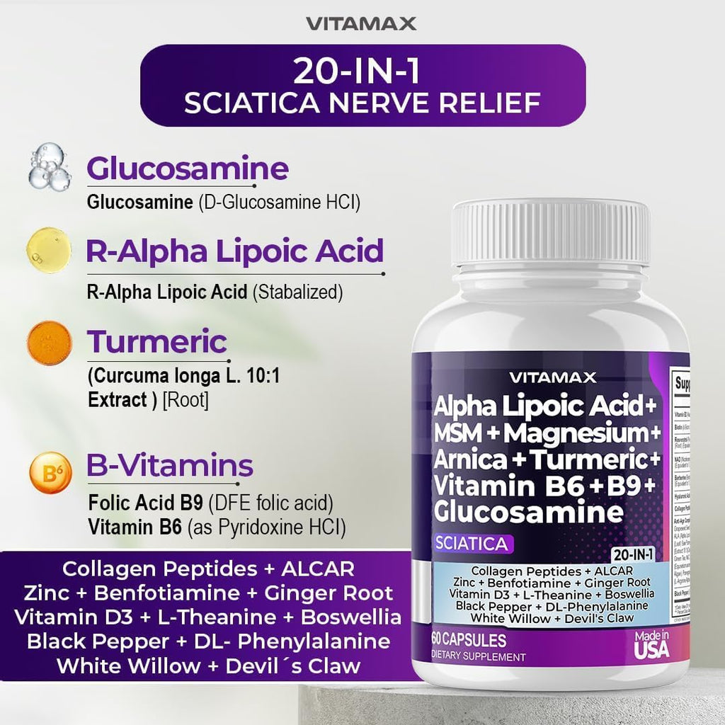 Nerve-Plus - Complemento para el nervio ciático con ácido fólico, guisante, glucosamina, MSM, complejo vitamínico B, ácido alfa lipoico 300 mg – 60 cápsulas