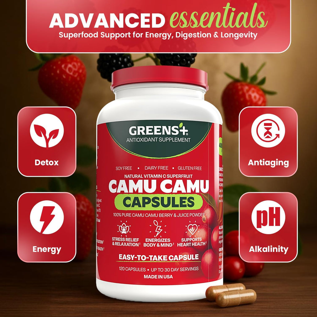Greens+ SuperFruit Amazonian Camu Camu Supplement with Vitamins and Minerals, High ORAC Antioxidants, 400mg Natural Vitamin C, 120 Vegetable Capsules