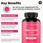 Vital Vitamins Complejo Multivitamínico para Mujeres - Con Mezcla de Multicolágeno, Ácido Hialurónico y MSM - Multivitamínico de Belleza - con Vitamina A, C, E, B6, B12, D3 - 60 Cápsulas