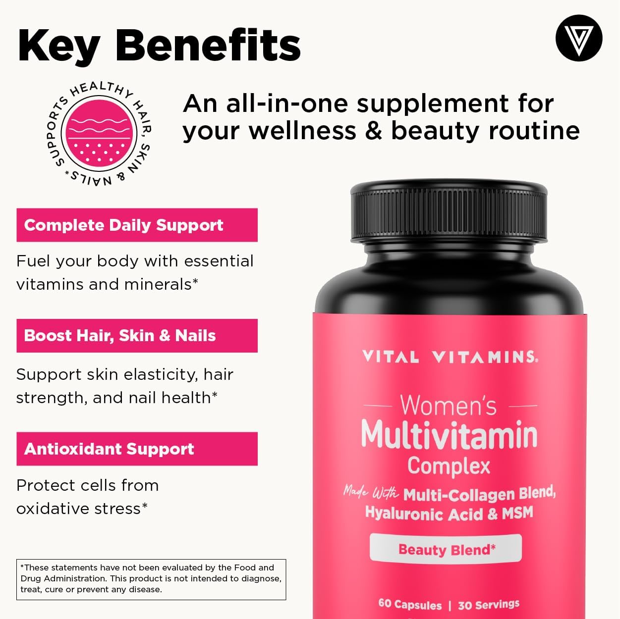 Vital Vitamins Complejo Multivitamínico para Mujeres - Con Mezcla de Multicolágeno, Ácido Hialurónico y MSM - Multivitamínico de Belleza - con Vitamina A, C, E, B6, B12, D3 - 60 Cápsulas