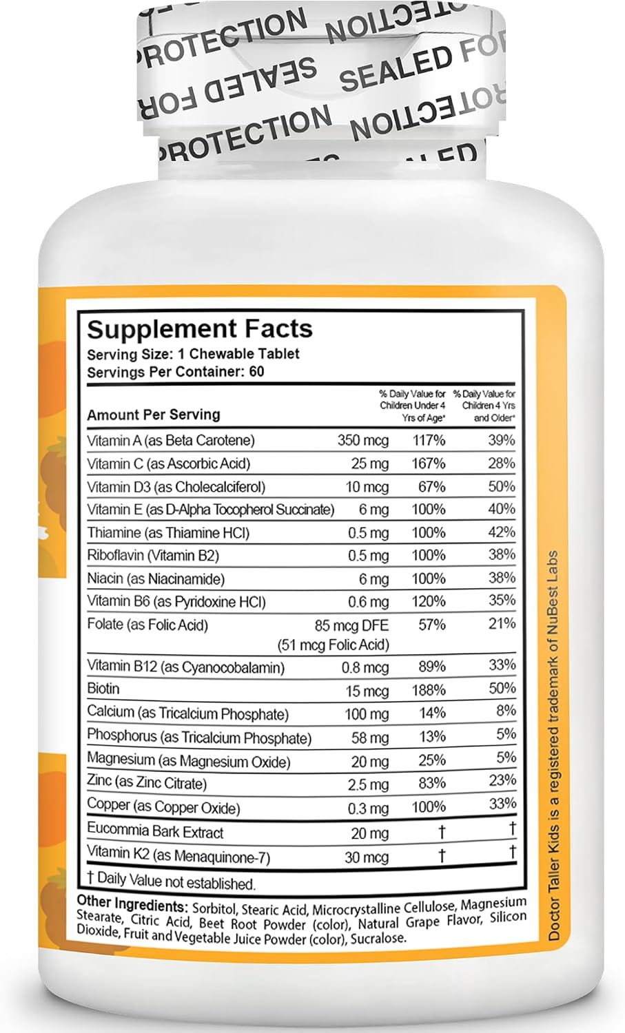 NuBest Doctor Taller Kids - Multivitamínico para niños de 2 a 9 años - Sabor uva - 60 comprimidos masticables veganos