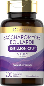 Carlyle Saccharomyces Boulardii Probiótico y Prebiótico | 10 Mil Millones UFC | 200 Cápsulas | Formato Económico | No Transgénico, Sin Gluten