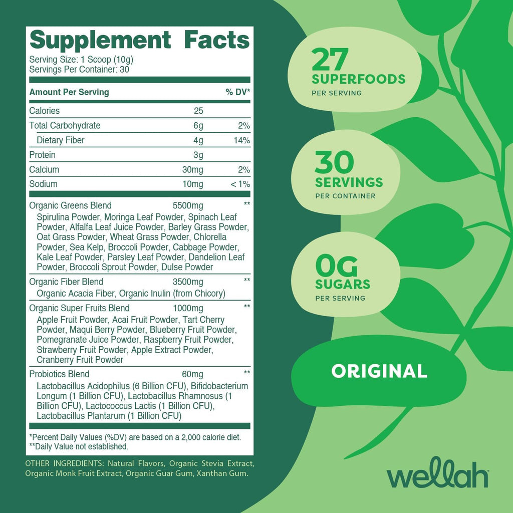 Wellah Leaf, Laugh, Love Super Greens Powder (Sin Sabor) 30 Porciones - Mezcla de Superalimentos