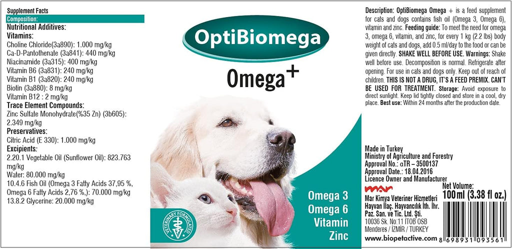 OptiBiomega Fish Oil for Dogs and Cats - Omega 3, Omega 6 and Zinc - 100 ml