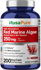 NusaPure Alga Roja Marina Cápsulas, 250 mg, 200 Cápsulas Veganas (Sin Soja, No Transgénico)