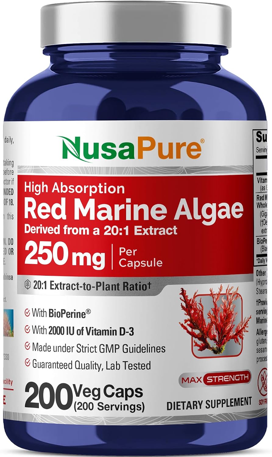 NusaPure Alga Roja Marina Cápsulas, 250 mg, 200 Cápsulas Veganas (Sin Soja, No Transgénico)