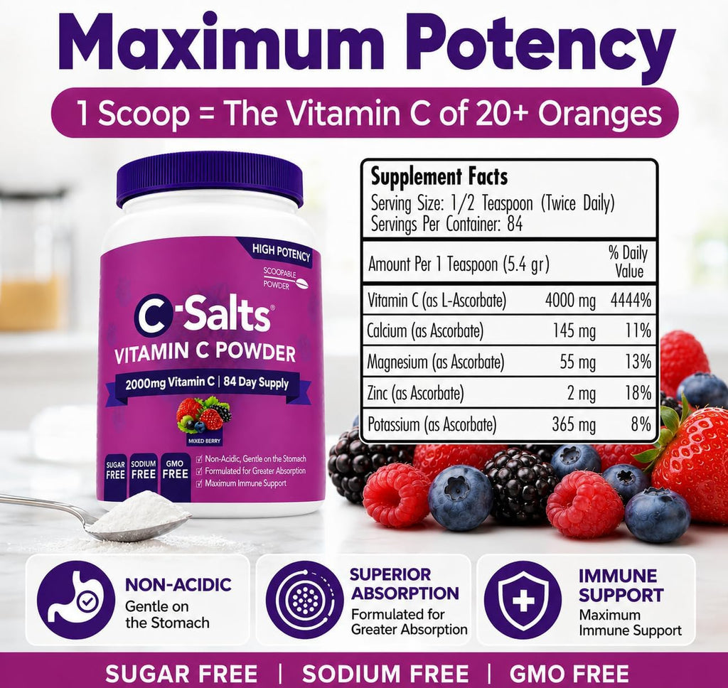 C-Salts Vitamina C en Polvo Tamponada - Orgánica, Suave para el Estómago - 4000mg por Ración - Sabor Frutos del Bosque - 735g (26oz) - 272 Porciones - Vegano, Sin Gluten, Sin Azúcar