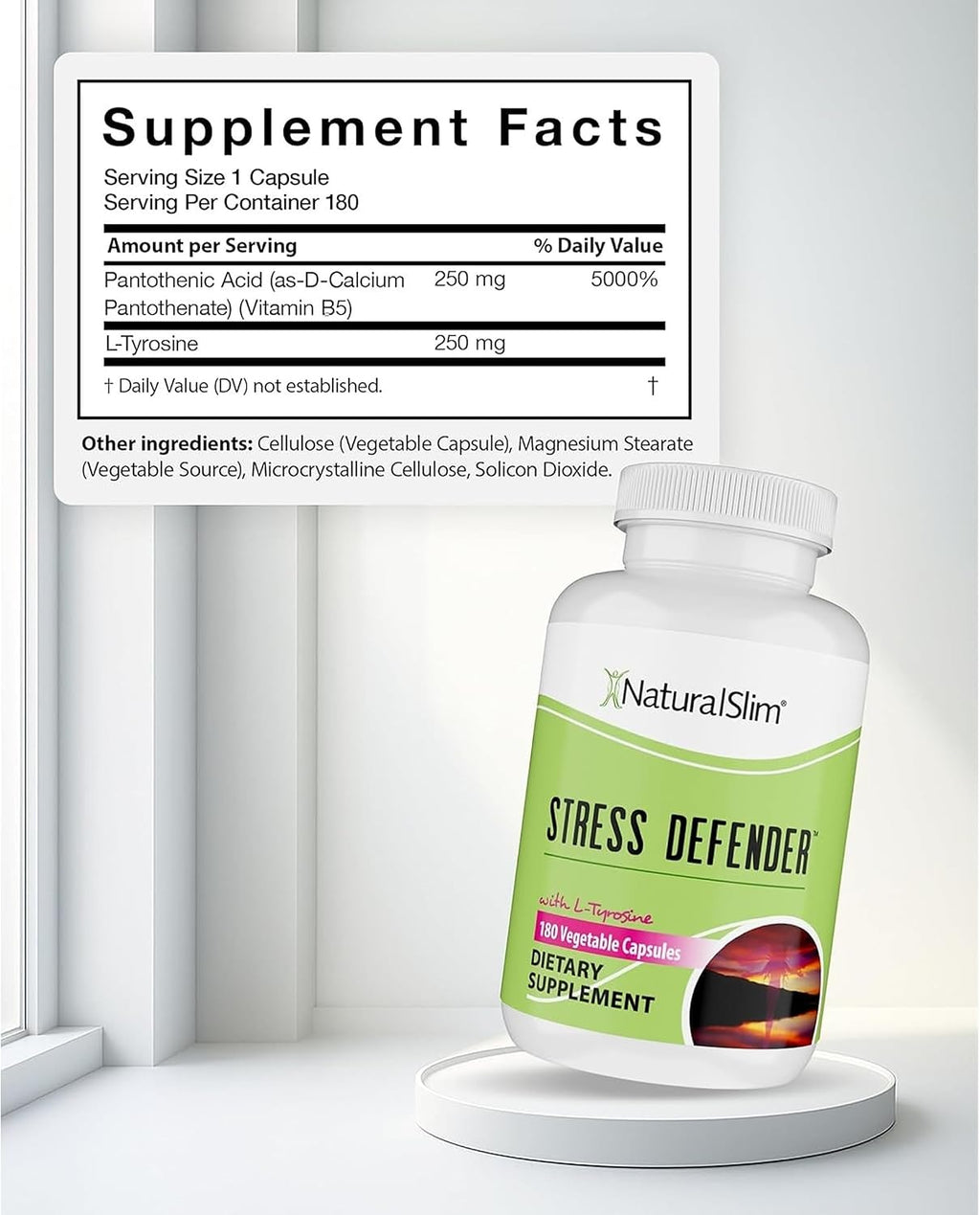 NaturalSlim Stress Defender Suplemento para el Estrés, Fórmula de Equilibrio de Cortisol con Vitamina B5 y L-Tirosina, Apoyo al Sueño y Metabolismo, 180 Cápsulas Vegetales (3 Paquetes)